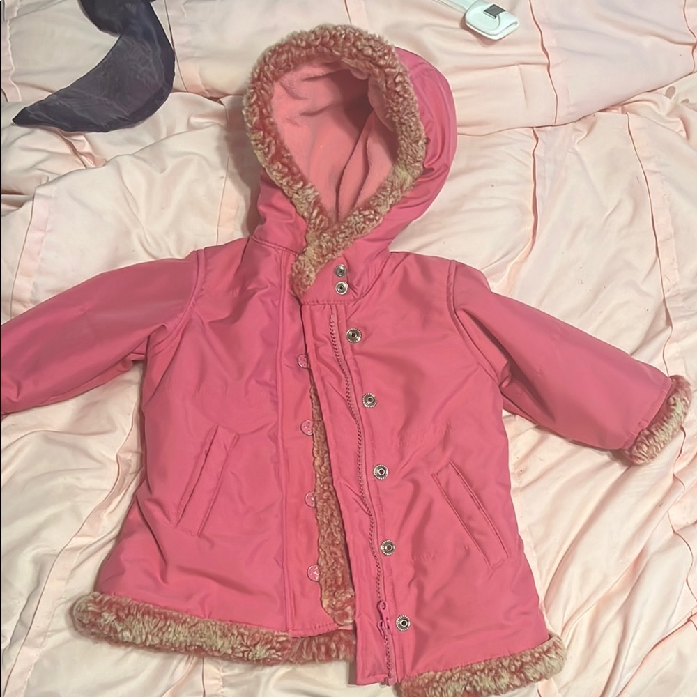 Pink Kids Jacket with Faux Fur Trim